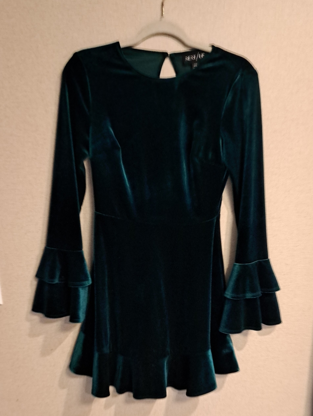 Next Up Dark Green Velvet Long Sleeve Ruffle-Hem Dress